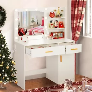 Vanity Desk with LED Lighted Mirror and Power Outlet,3 Color Adjustable Lights - Picture 1 of 9