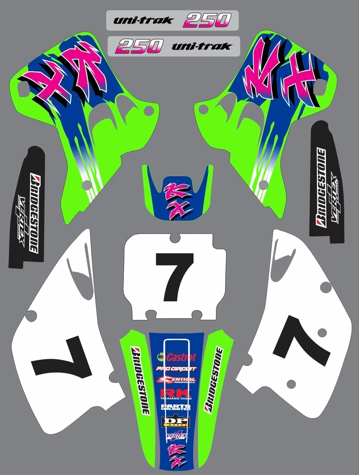 Gráficos para Kawasaki KX250 KX 250 1992-1993 calcomanías antiguas añadir número personalizado Foto 1 de 1