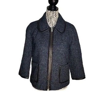 CLASSIQUES ENTIER Boucle Jacket Leather Trim Zip Front Cropped Coat Officecore - Picture 1 of 6