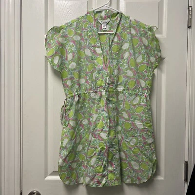 Lilly Pulitzer Swim Cover up Tunic Dress Green Pink Limes Cinch Waist Tie M - Image 1 of 4