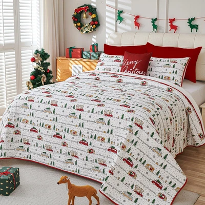3 Piece Christmas Quilt Bedspread Set,Queen Size Christmas Tree Car Themed Beddi - Image 1 of 4
