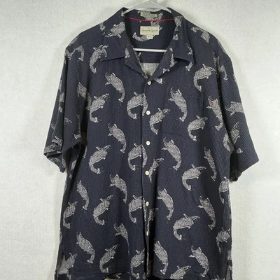 Vintage Cutter and Buck Mens Short Sleeve ButtonUp Navy White Fish Waffle Shirt - Image 1 of 4