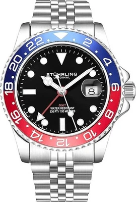 Stuhrling Meridian 3968.2 GMT CUARZO Pepsi esfera negra bisel azul y rojo Jubilee Foto 1 de 4