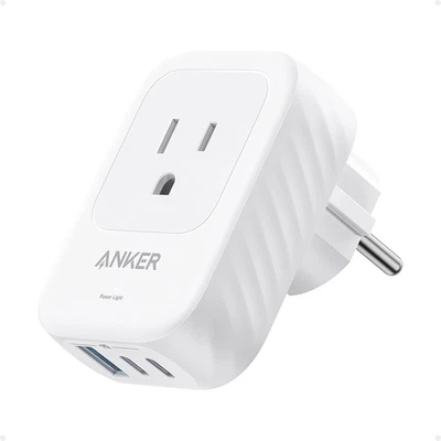 Anker European Travel Plug Adapter, 15W USB-C & 2 AC Outlets, Fits Type E/F Sock