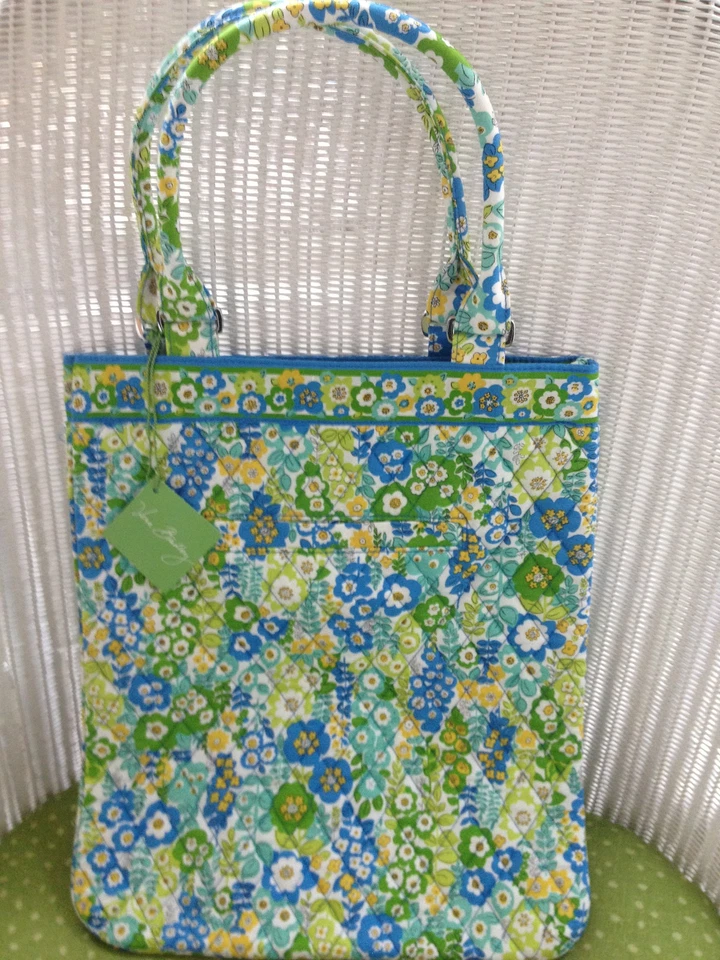 Vera Bradley Slim Tote English Meadow Shoulder Bag Green Blue Flowers D1