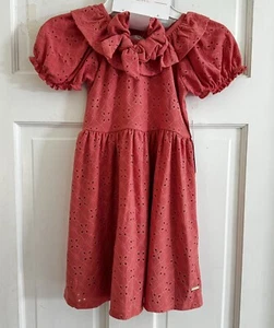 NWT Tahari Girl’s Sz 6 Eyelet Dress Salmon With Hair Scrunchie & Built-In Slip - Picture 1 of 9