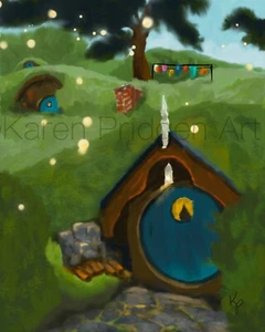 ACEO ATC Art Card Painting Print Signed Acrylic Landscape Fairy Hobbit Village - Picture 1 of 2