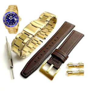 Pack of 2 Steel Leather Gold Replacement Watch Band For Invicta Pro Diver 8930OB - Picture 1 of 7