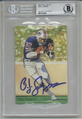 OJ O.J. TARJETA DE ARTE LÍNEA DE GOL AUTOGRAFIADA FIRMADA POR SIMPSON BILLETES DE BÚFALO BECKETT BAS Foto 1 de 2