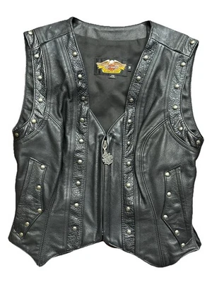 Chaleco HARLEY DAVIDSON Mujer Vintage Cuero Negro Tachonado, Talla Mediana, Borlas Foto 1 de 4
