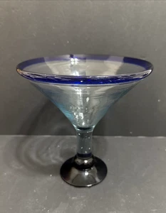 Mundgeblasenes mexikanisches großes klares Margarita Glas kobaltblauer Rand 7" hoch 6,75" Rand - Bild 1 von 10