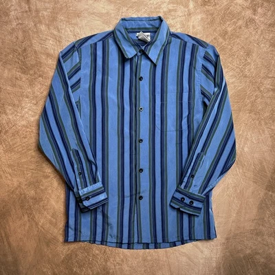 Camisa vintage años 90 City Streets azul a rayas abotonada manga larga para mujer M retro Foto 1 de 4