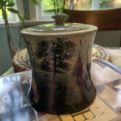 Vintage England Transferware Lake Scene Tree & Boat Glazed Jar W/ Lid 4.25” Tall - Image 1 of 4