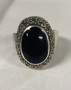 Vintage Black Onyx Marcasite Ring Signed FAS Size 9 - Picture 1 of 7