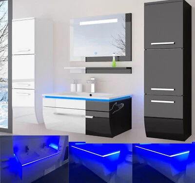 Badmöbel Set montiert Weiss oder Schwarz Hochglanz Badezimmermöbel Bis 6 tlg LED - Bild 1 von 4