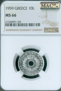 1959 GREECE 10 LEPTA NGC MS 66 MAC SPOTLESS RARE * - Picture 1 of 2