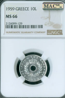 1959 GREECE 10 LEPTA NGC MS 66 MAC SPOTLESS RARE * - Image 1 of 2