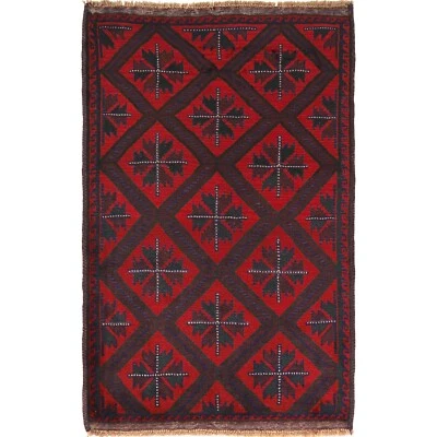 Red Tribal Afghan Hand Knotted Oriental Woolen Balouch Area Rug 3'3x4'9ft W17030 - Image 1 of 4