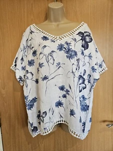 WOOLOVERS Blue White Floral 100% LINEN T-Shirt XL UK 20 Lightweight Relaxed Top - Picture 1 of 18