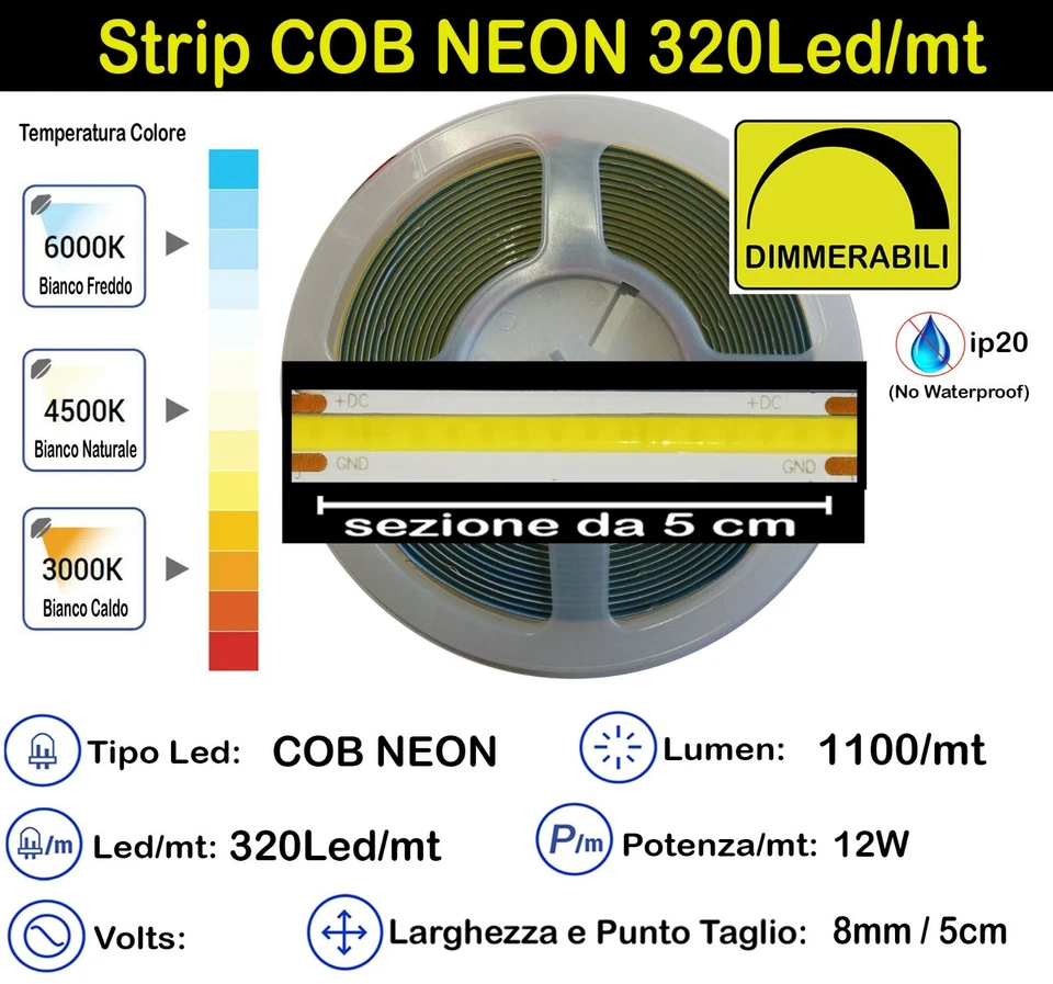 STRISCIA LED COB STRIP 12v 24v 5-10-15mt BOBINA LUCE DIMMERABILE 12Volt / 24Volt - Immagine 1 di 1