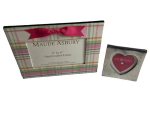 Plaid Pink, Green & White 4” X 6” And 3” X 3 Silver Metal Heart Picture Frames - Picture 1 of 6