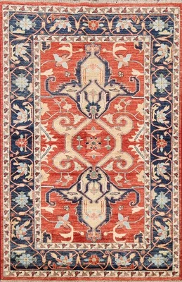Geometric Rust/ Navy Blue Wool Handmade Super Kazak Oriental Area Rug 4x6 Carpet - Image 1 of 4