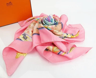 Auténtica bufanda HERMES "TROPIQUES" rosa 100 % seda #61974 Foto 1 de 4