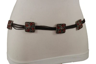 Mujeres Cintura de cadera Rojo Flor Metal Dijes Moda Cinturón Marrón Imitación Cuero Corbata S M Foto 1 de 4