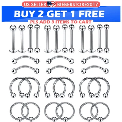 30 Piezas Mezcla Piercing Acero Quirúrgico Nariz Labio Lengua Anillo Ceja Tragus Stud 16G Foto 1 de 4