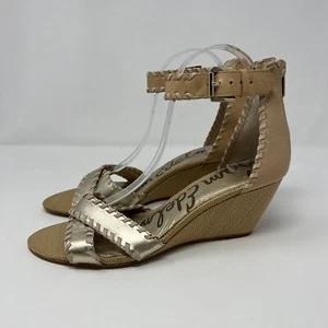 Sam Edelman Silvia Beige Gold Leather Zipper Back Wedge Sandals Size 8.5M NEW - Picture 1 of 7