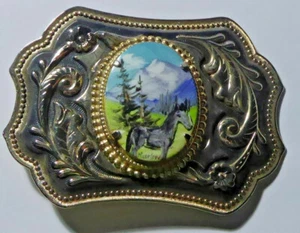 Gold Tone & Black Belt Buckle Handpainted Ceramic Mountain Scene by Marlow - Bild 1 von 3