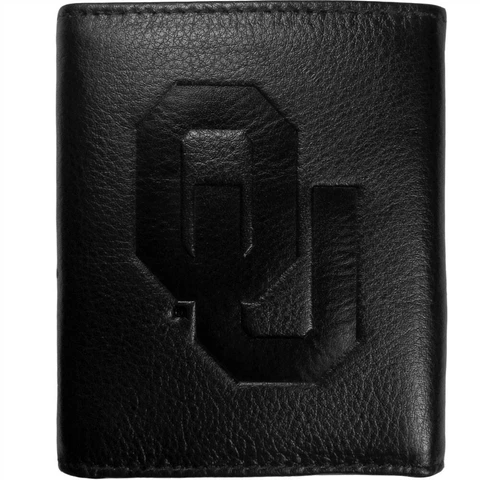 Oklahoma Sooners Tri-Fold Leather Wallet Embossed Black NCAA College Sports Team Cover