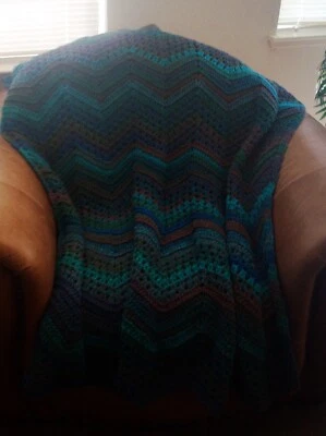 NEW HAND CROCHET RUST TURQUOISE MULTI COLOR RIPPLE AFGHAN LAP BLANKET THROW - Image 1 of 4