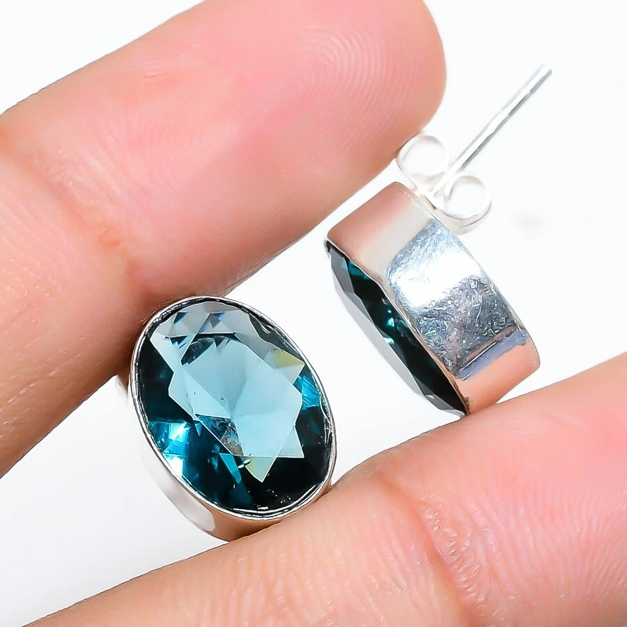 London Blue Topaz Gemstone Handmade 925 Sterling Silver Jewelry Earring Size 1" - Image 1 of 1