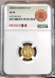 1895 Cn M MEXICO GOLD 1 PESO HERALDIC EAGLE NGC AU 58 RARE LOW MINTAGE - Picture 1 of 3
