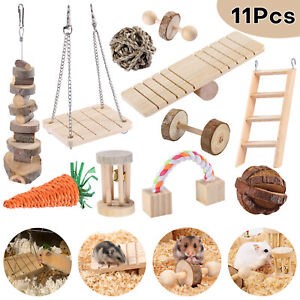 11Pcs Hamster Chew Toys Guinea Pig Rat Gerbil Chew Toys Accessories Natural Wood
