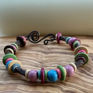 Ceramic Beads & Oxidised Copper Coils Colourful Handcrafted Bangle Bracelet - Picture 1 of 6