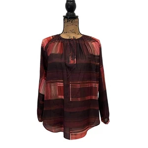 Mossimo Blouse Geometric Print V-Neck Tunic Coral Peach & Brown LS Size S - Picture 1 of 8