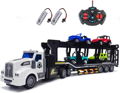 Remote Control Car Transporter Truck Includes 4 Cars - 14" 1:48 Mini RC Toy Semi - Image 1 of 4
