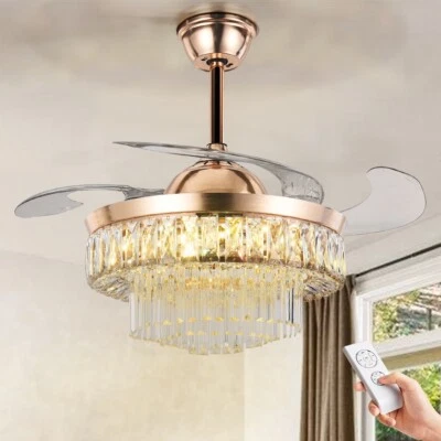 Luxury 42" Crystal Chandelier LED 3-Color Retractable Ceiling Fan Light w/Remote - Image 1 of 4