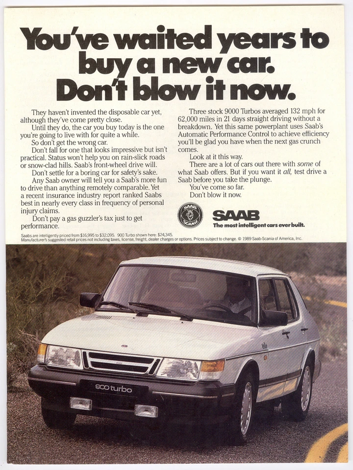 1990 SAAB 900 advertisement, Saab 900 Turbo, white sedan - Image 1 of 1