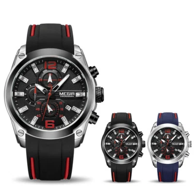 Megir Reloj Hombre Cronógrafo Cuarzo con Fecha Mano Luminosa Silicona Goma Str Foto 1 de 4