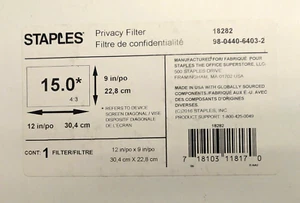 Staples Laptop 15" Privacy Screen Filter Black 18282 - Picture 1 of 1