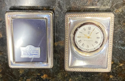 Ari D Norman Miniature Clock and Picture Frame Set w/ Sterling Silver Surround Cover
