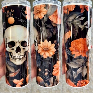 BEAUTIFUL SKULL ORANGE FLORAL GOTH 20 OZ STAINLESS STEEL TUMBLER CUP LID & STRAW - Picture 1 of 7