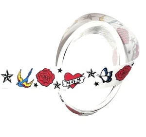 3 yds 7/8" Tattoo-Inspired Design set against a White Grosgrain Ribbon 100% poly - Picture 1 of 6