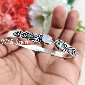 Moonstone & Peridot Cut Gemstone 925 Sterling Silver Bangle Cuff Gift For Girls - Picture 1 of 6