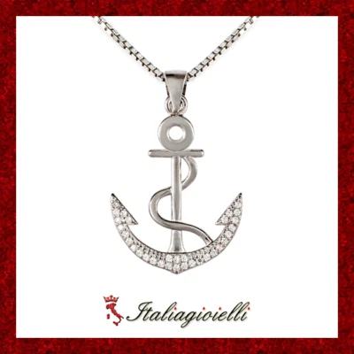 Elegante Collana Ancora Brillante in Argento 925 Rodiato Oro Bianco - Immagine 1 di 4
