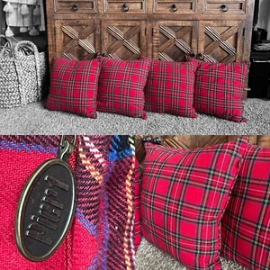 PIER 1 Tartan RED Plaid Holiday Flannel PILLOWS with INSERTS Set Of 4 20” - Picture 1 of 9