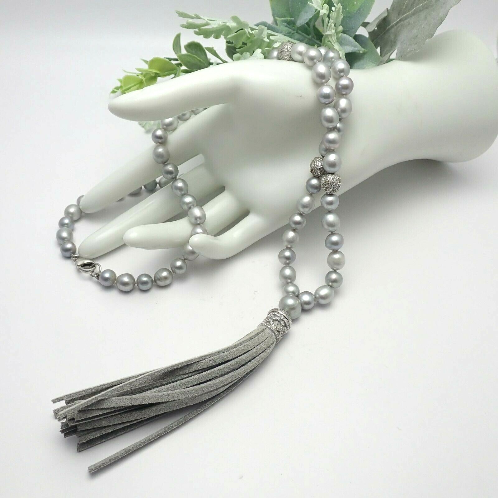 Baroque Pearl CZ Ball Suede Tassel 